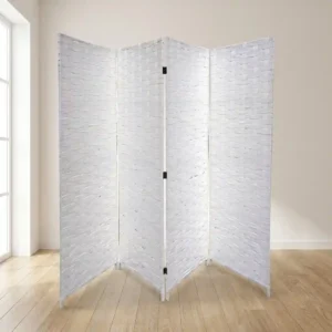 4-Panel White Woven Folding Room Divider