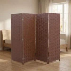 4-Panel Brown Woven Folding Room Divider