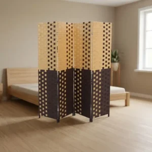 4-Panel Natural & Dark Brown Woven Folding Room Divider