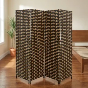 4-Panel Black & Natural Woven Folding Room Divider