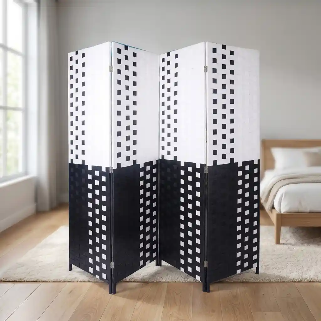 4-Panel Black & White Woven Folding Room Divider